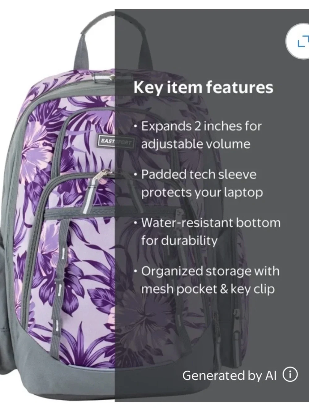 Eastsport Purple Floral Backpack with Grey Accents